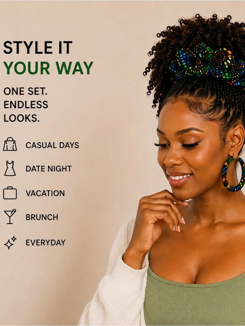 Handmade African Ankara Print Scrunchie & Hoop Earring Set | Green Floral